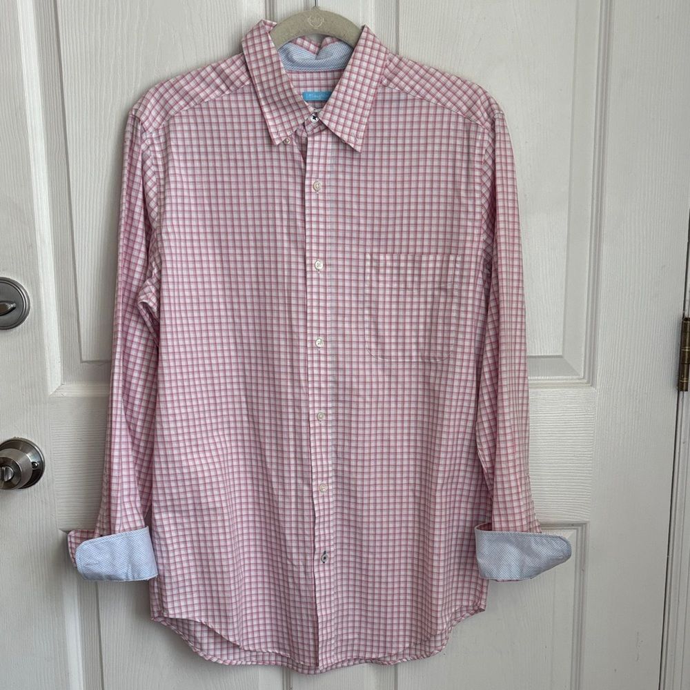 J.McLaughlin Pink Gingham Button Down Dress Shirt Size Small Preppy Flip Cuff